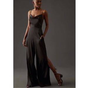 Hutch Anthro Size 18 Black Satin Cowl Neck Jumpsuit Cocktail Wide Leg High Slit